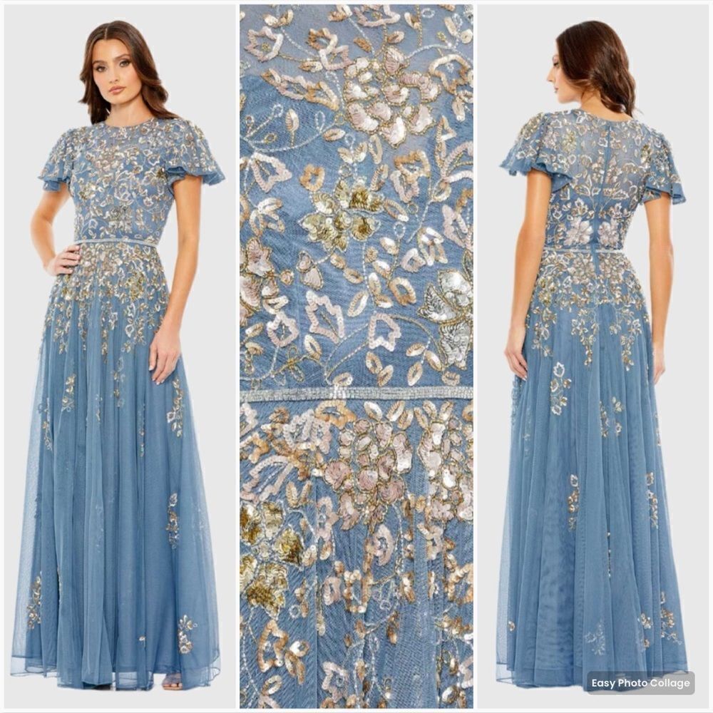 Mac Duggal 5717 Womens Blue Embellished Butterfly Sleeve High Neck Gown